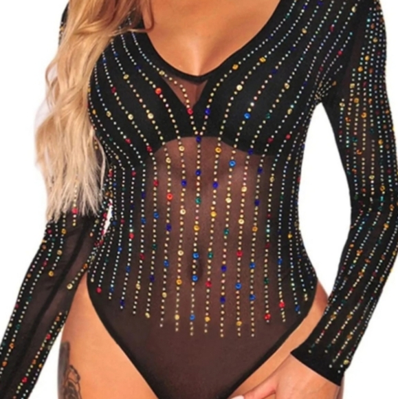 NWOT Sheer Mesh Black Rainbow Gem Rhinestone Long Sleeve Bodysuit Size Medium - Picture 4 of 4